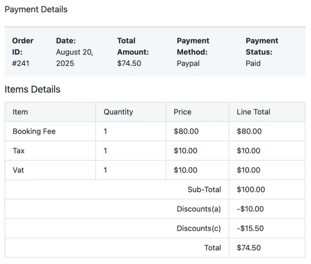 payment details to attendee